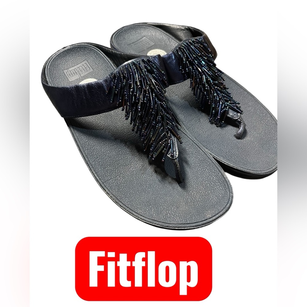 FitFlop Cha Cha Sandals Beaded Fringe Flip Flop in Blue Sapphire Women’s Size 10